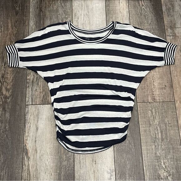 Andrea Jovine Scoop Neck Striped Short Sleeve Shirt Navy Blue White Size Medium - Picture 6 of 11